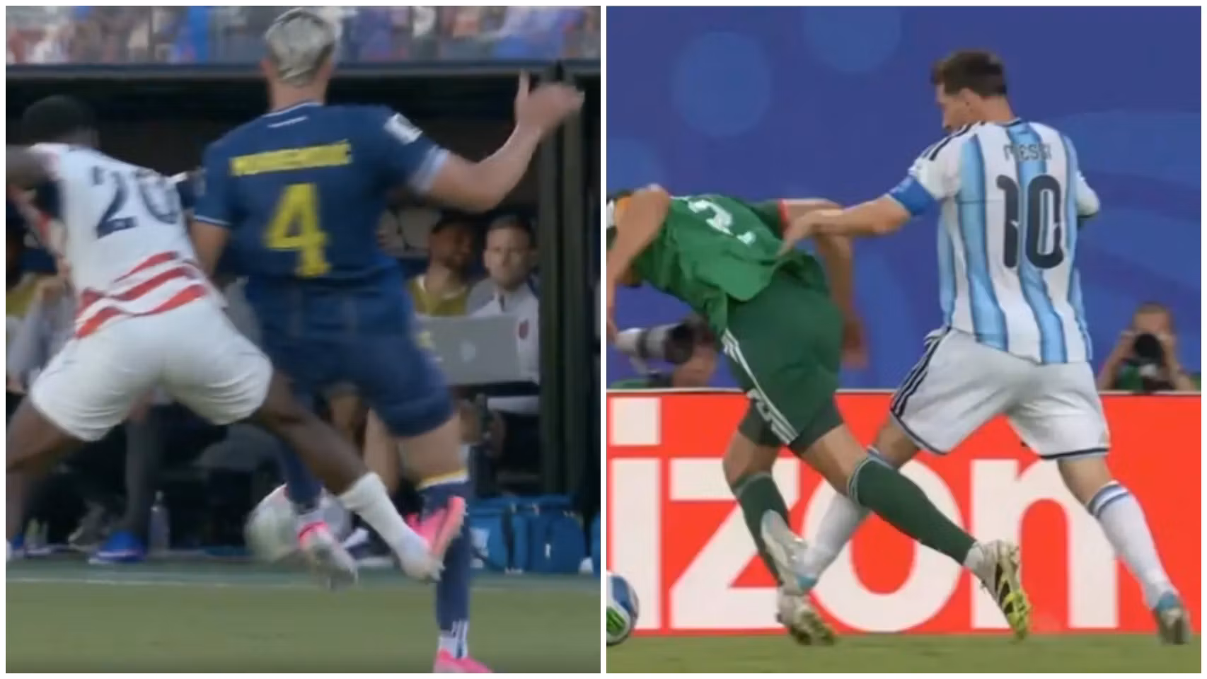 La entrada de Balogun que fue roja y la de Messi que no fue sancionada.