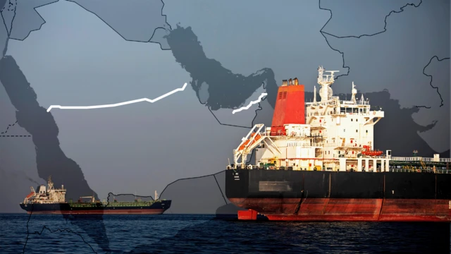 Imagen compuesta que muestra dos petroleros en alta mar frente a un mapa de la península arábiga. Líneas blancas superpuestas al mapa indican las rutas del oleoducto Este-Oeste de Arabia Saudita y del oleoducto Habshan-Fuyaira de Emiratos Árabes Unidos, alternativas al transporte de petróleo a través del estrecho de Ormuz. Un gran petrolero se muestra en primer plano a la derecha, con un petrolero más pequeño a lo lejos a la izquierda. El mapa muestra los países y las costas alrededor del golfo Pérsico y el mar Rojo.