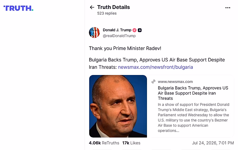 Screenshot of Truth Socail post by US President Donald Trump