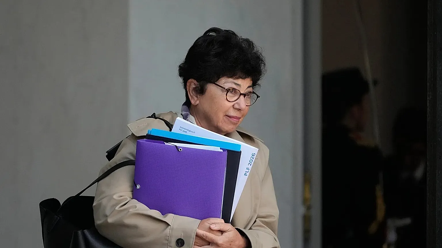 French Ecology Minister Monique Barbut leaves the weekly cabinet meeting, Tuesday, Oct. 14, 2025.