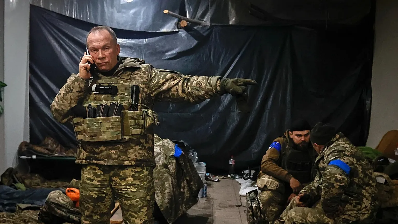Commander of the Ukrainian army, Col. Gen. Oleksandr Syrskyi, gives instructions in a shelter in Soledar, the site of heavy battles with the Russian forces, in the Donetsk.