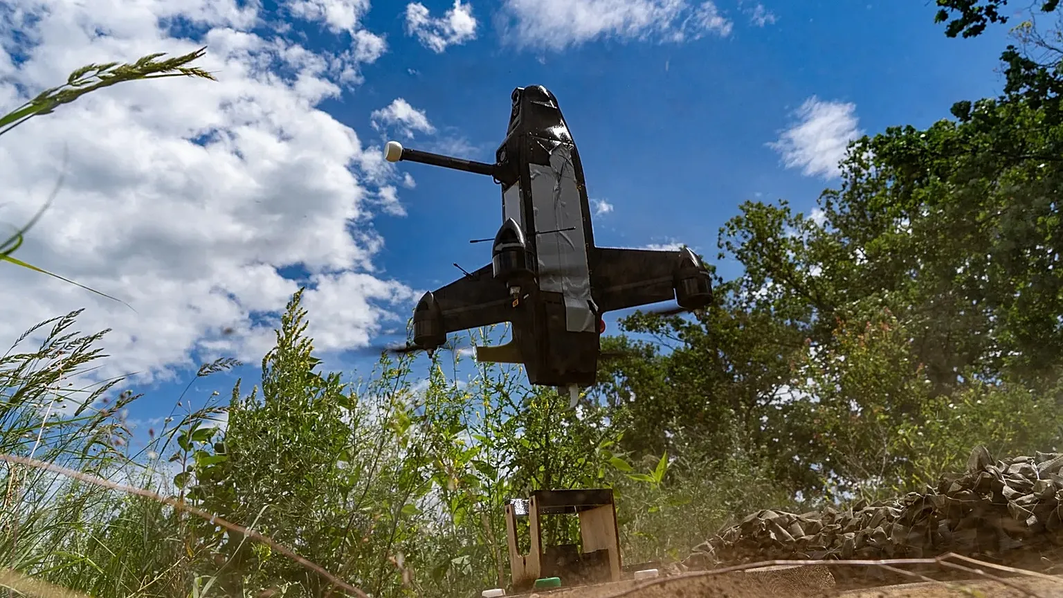 A Ukrainian interceptor drone is launched near Kharkiv, Ukraine, Friday, June 26, 2026.