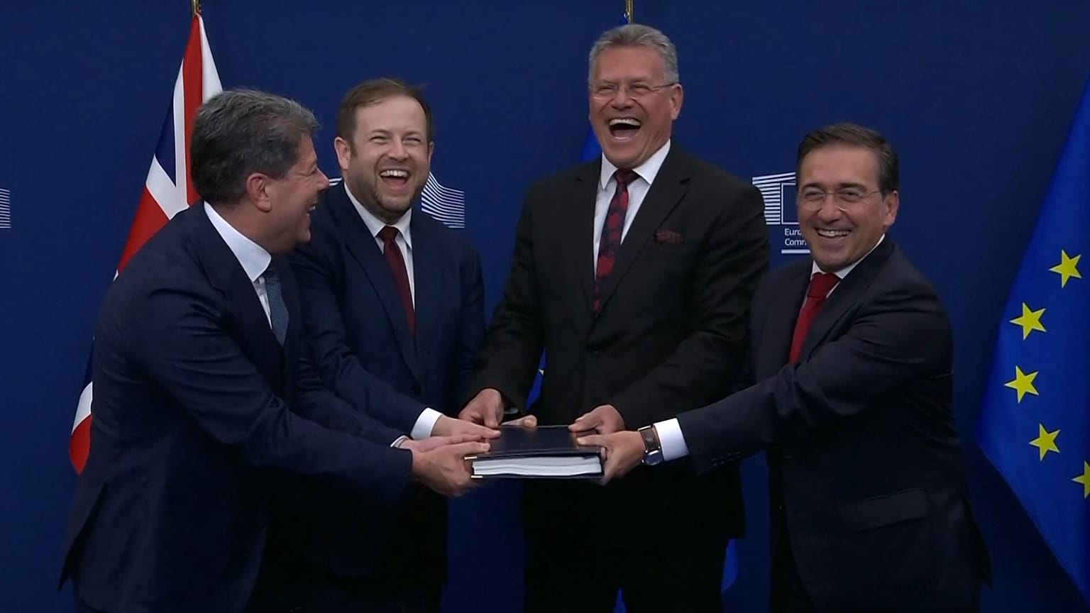 From left to right, Fabian Picardo, leader of Gibraltar; the UK minister for Europe; the EU trade commissioner; and Spanish foreign minister José Manuel Albares