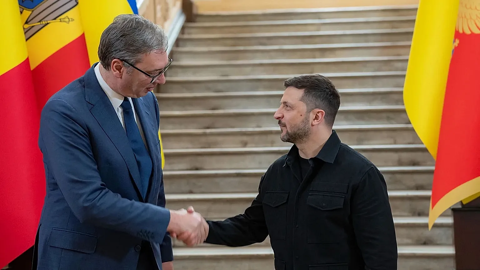 Ukraine's President Volodymyr Zelenskyy welcomes Serbian President Aleksandar Vučić during the Ukraine–Southeast Europe Summit in Odesa, Ukraine, Wednesday, June 11, 2025.