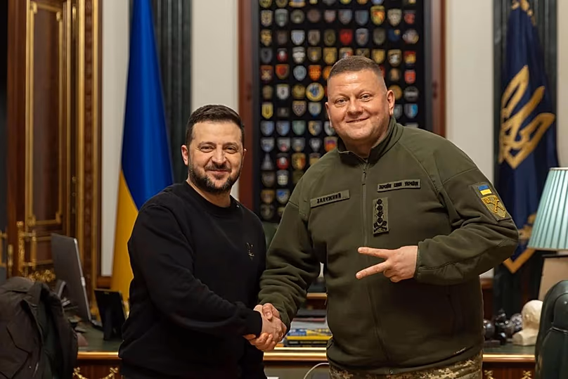 FILE: Volodymyr Zelenskyy, left, shakes hands with Commander in Chief of Ukraine's Armed Forces Valerii Zaluzhnyi during their meeting in Kyiv, Ukraine, Feb. 8, 2024