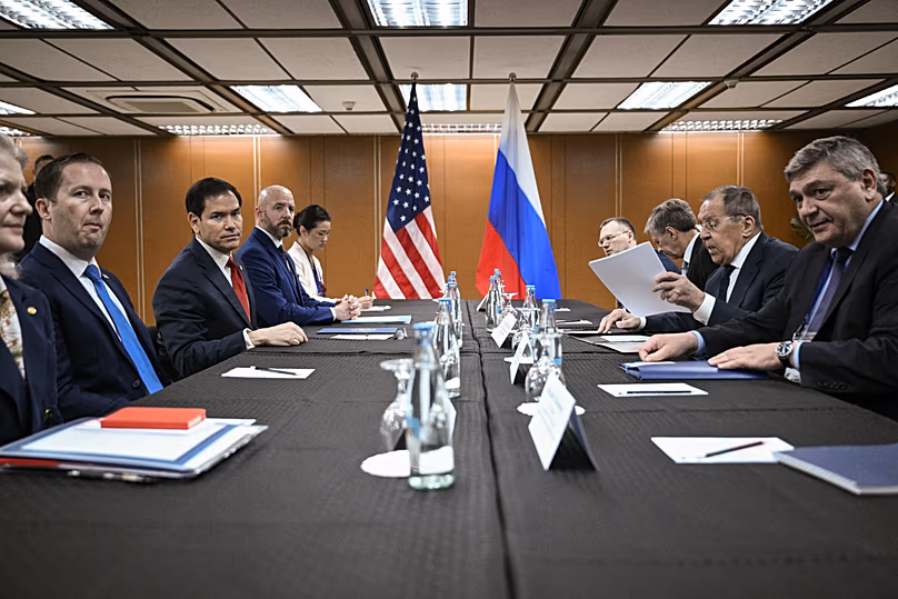 Russia's Foreign Minister Sergey Lavrov, second from right, attends a meeting with U.S. Secretary of State Marco Rubio.