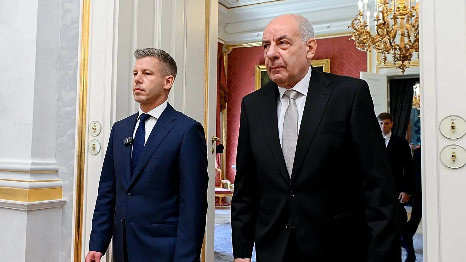 Hungary's President Tamas Sulyok, right, and Hungary's Prime Minister Péter Magyar attend the appointment ceremony of ministers of the Tisza government at the presidential Ale