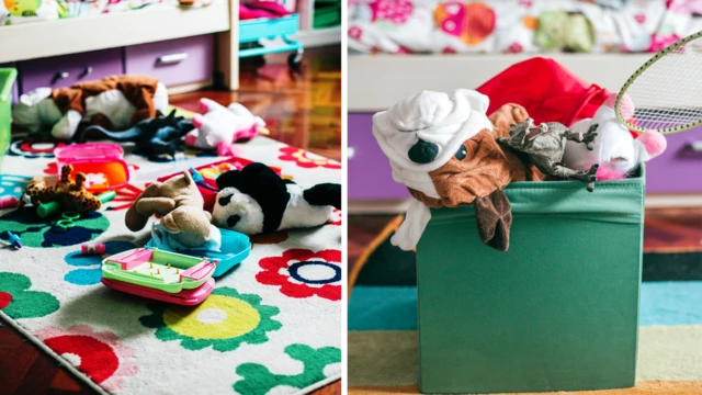 Dos imágenes una al lado de la otra. La izquierda muestra juguetes dispersos sobre una alfombra estampada de colores en primer plano, incluidos peluches, vehículos de juguete y pequeños objetos de plástico. La imagen de la derecha muestra una caja de almacenamiento verde con una variedad de juguetes y ropa, con una raqueta para juguetes apoyada en la parte superior. En el fondo se ven muebles bajos y unidades de almacenamiento.