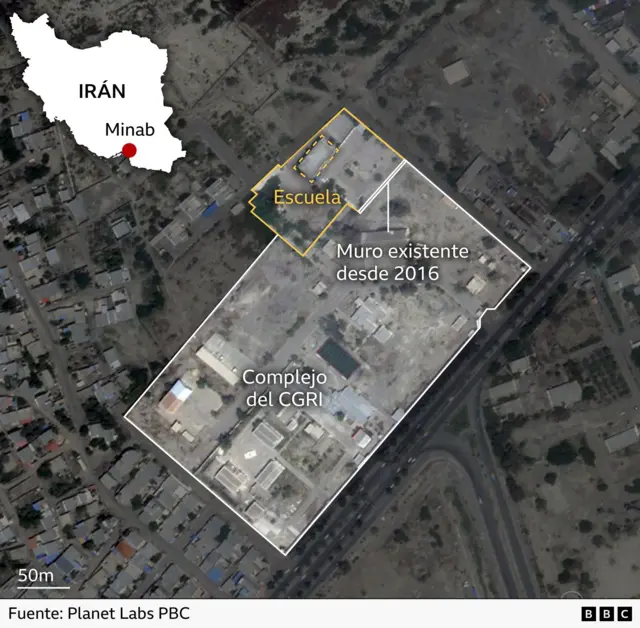 Una imagen satelital que muestra la escuela que fue atacada en Minab, Irán