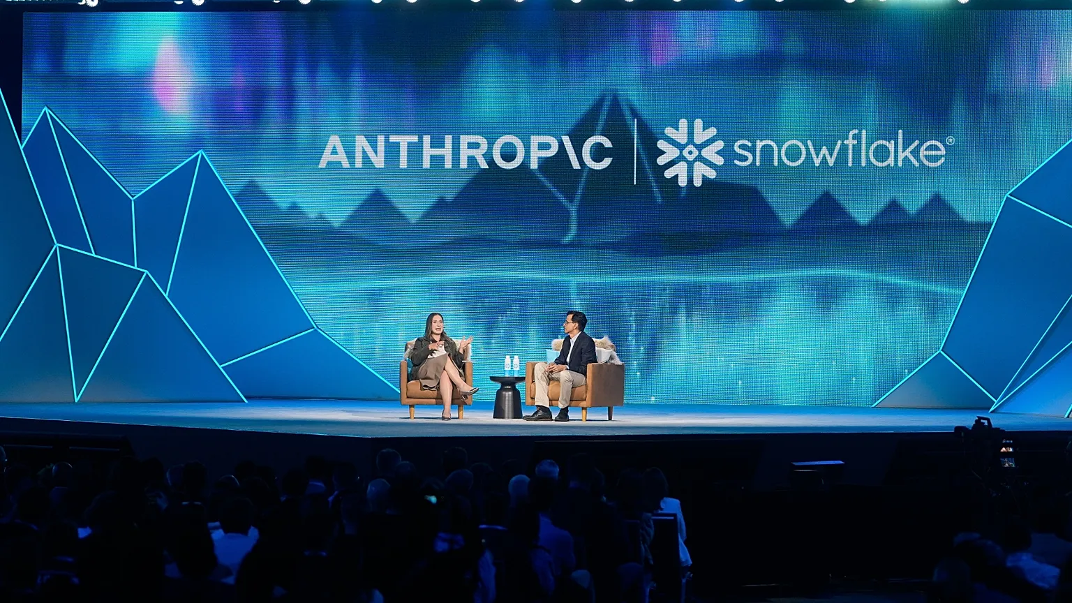 Anthropic co-founder and President Daniela Amodei, speaks with Snowflake CEO Sridhar Ramaswamy during the Snowflake Summit 26 Monday, June 1, 2026, in San Francisco. (AP Photo