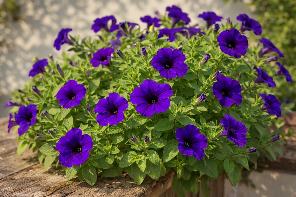 Un arbusto de petunias moradas con centros oscuros, muchas flores y capullos verdes, sobre una superficie de madera y fondo borroso.