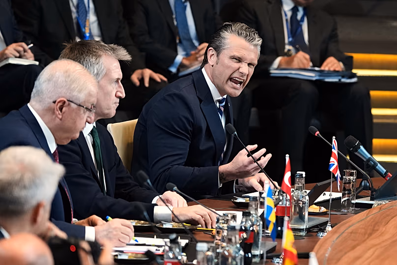 US Defence Secretary Pete Hegseth speaks during a meeting of the North Atlantic Council in defense ministers format at NATO headquarters in Brussels, Thursday, June 18, 2026. 