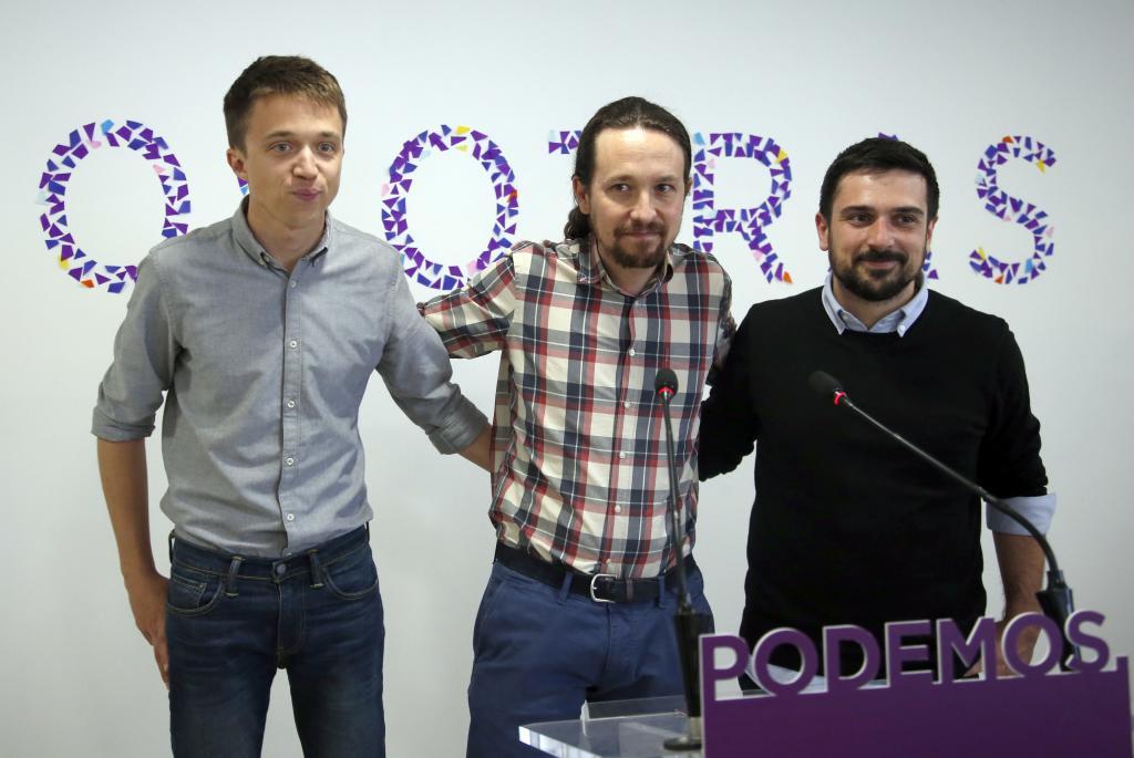 Íñigo Errejón, Pablo Iglesias y Ramón Espinar, en un acto de Podemos en 2018