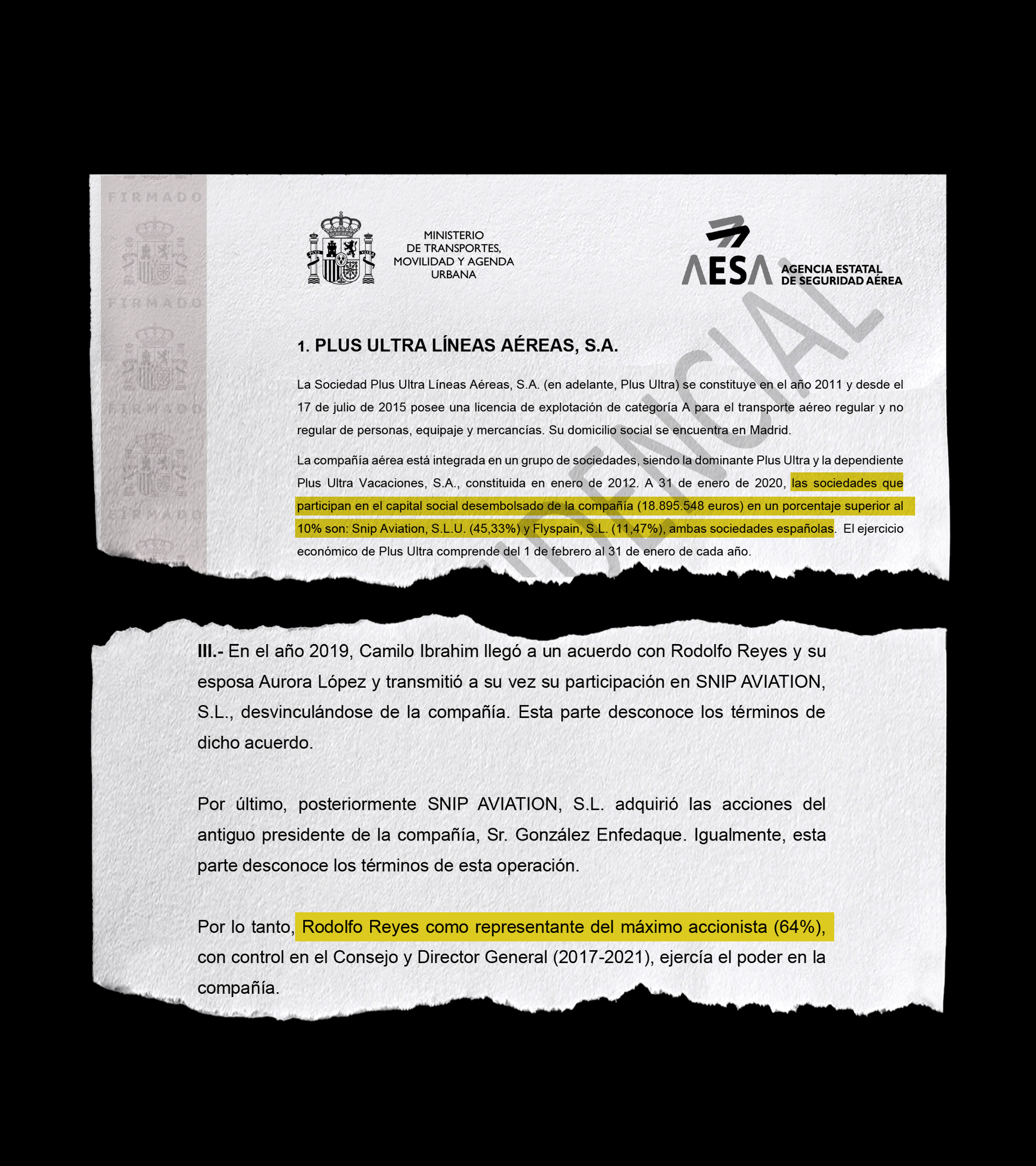 Extractos del informe de AESA de 2021 para apoyar el rescate y del escrito actual de Martínez Sola