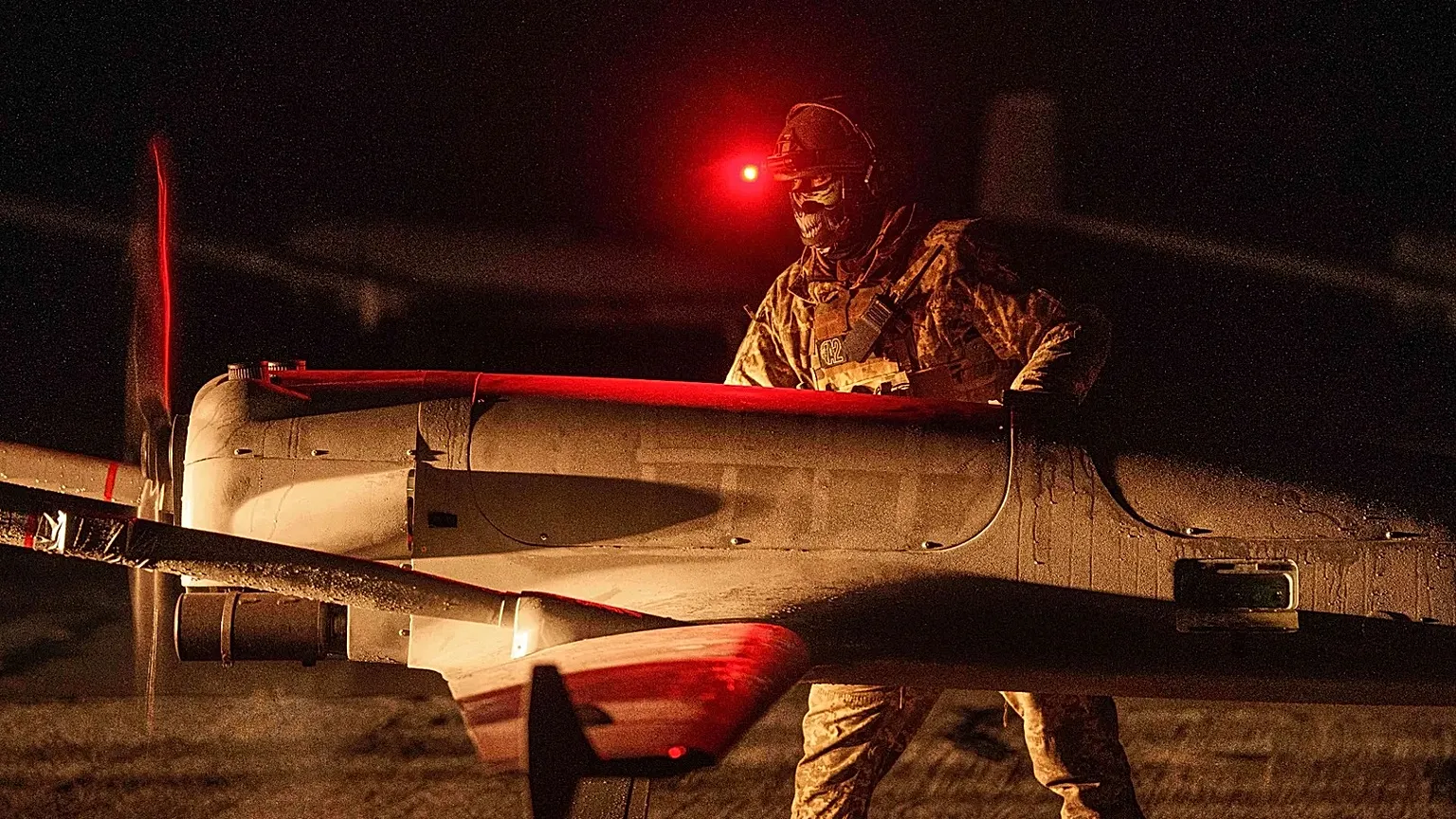 FILE: A Ukrainian serviceman of the 14th Separate Unmanned Aerial Systems Regiment prepares a long-range An-196 Liutyi drone before takeoff from an undisclosed location.