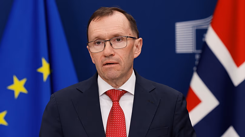 Norway's Foreign Minister Espen Barth Eide addresses a media conference at EU headquarters in Brussels, Monday, April 20, 2026. (AP Photo/Geert Vanden Wijngaert)