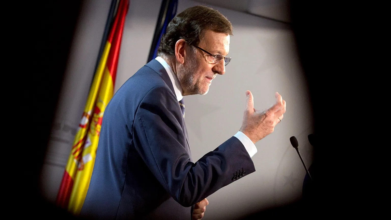FILE: Then Spanish Prime Minister Mariano Rajoy at a press conference after an EU summit in Brussels, 25 October 2013.