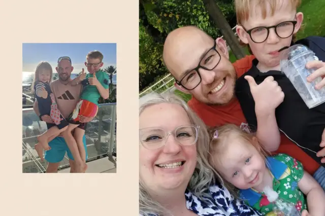 Dos imágenes: la de la izquierda muestra a Ciaran con sus hijos, y la de la derecha, a él con su pareja y sus hijos.