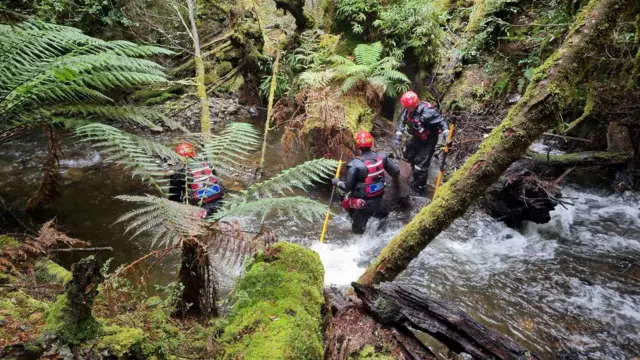 Tres rescatistas con cascos rojos y equipo de protección vadean un arroyo de corriente rápida en un denso bosque. Apoyándose en pértigas, se abren paso entre rocas cubiertas de musgo, árboles caídos y grandes helechos verdes a lo largo de la ribera. Fotografía del 4 de julio de 2023.
