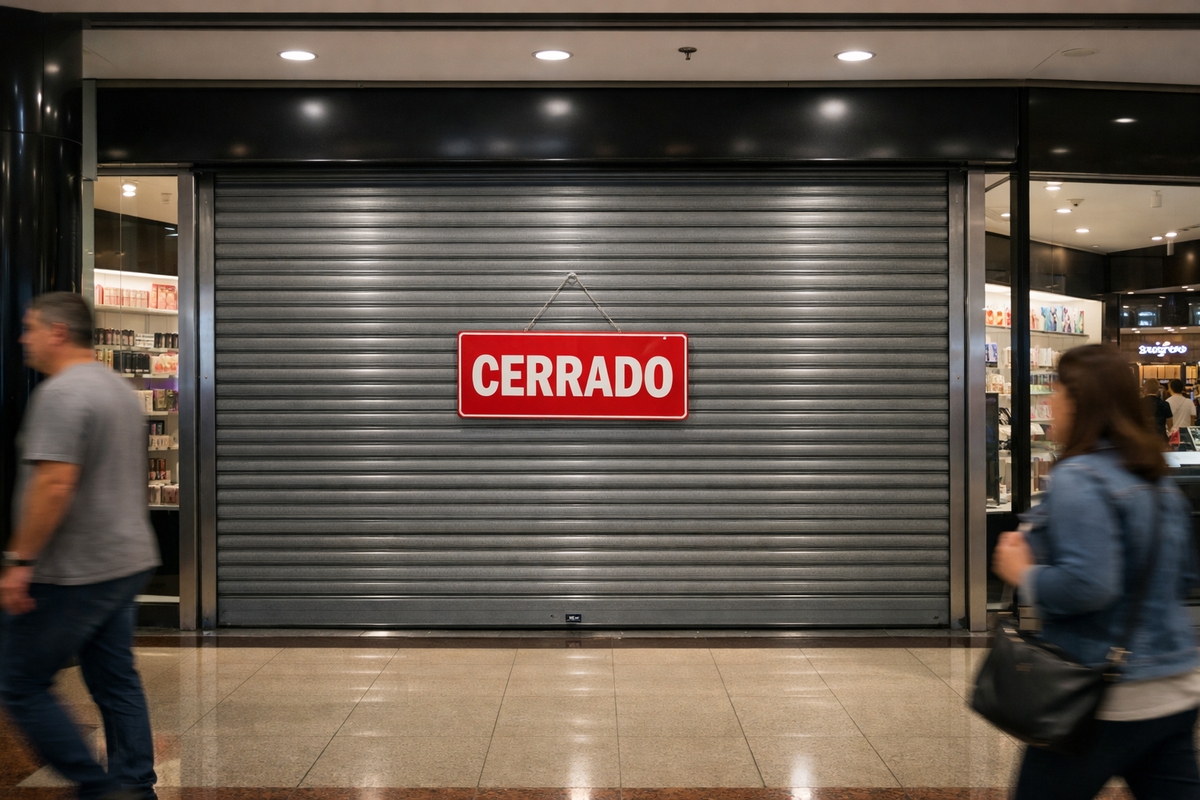 Vista horizontal de una perfumería con persiana metálica bajada y un cartel rojo que dice "CERRADO" en un centro comercial, con figuras borrosas de personas pasando.