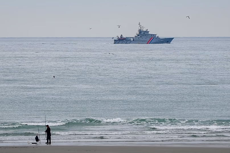 A vessel of the French Gendarmerie Nationale patrols in front of the Wimereux beach, 4 September, 2024