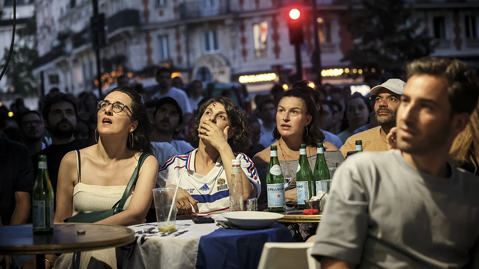 French supporters watch a broadcast of the World Cup quarter-final between France and Morocco in Paris on Thursday 9 July 2026.