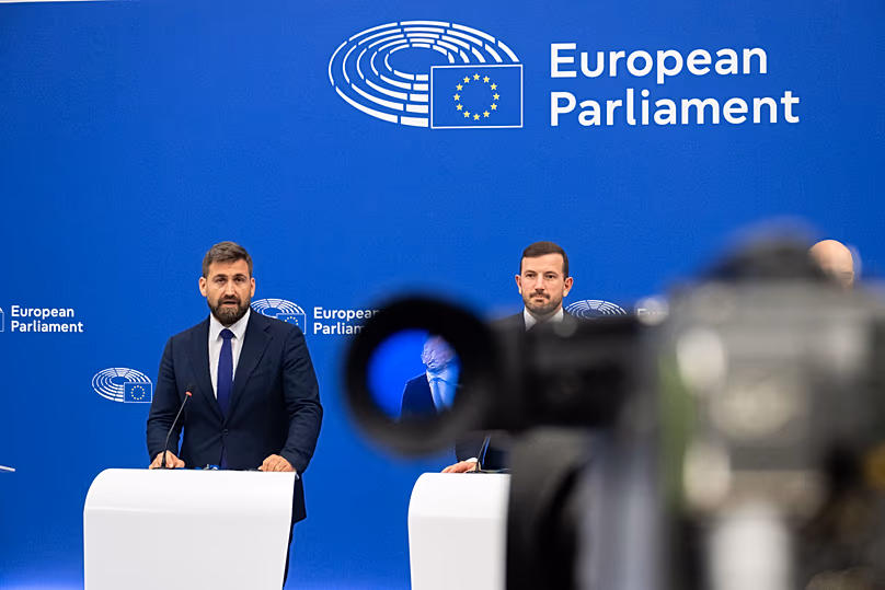 MEP lead negotiators Andrey Novakov (EPP) and Virginijus Sinkevicius (Greens/EFA/LT) during a press conference about air passenger rights