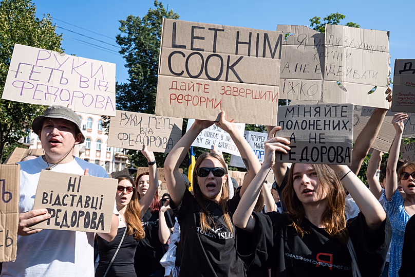 Ukrainians gather to denounce Zelenskyy's decision to dismiss Defence Minister Mykhailo Fedorov, Kyiv, Ukraine, Thursday, July 16, 2026.