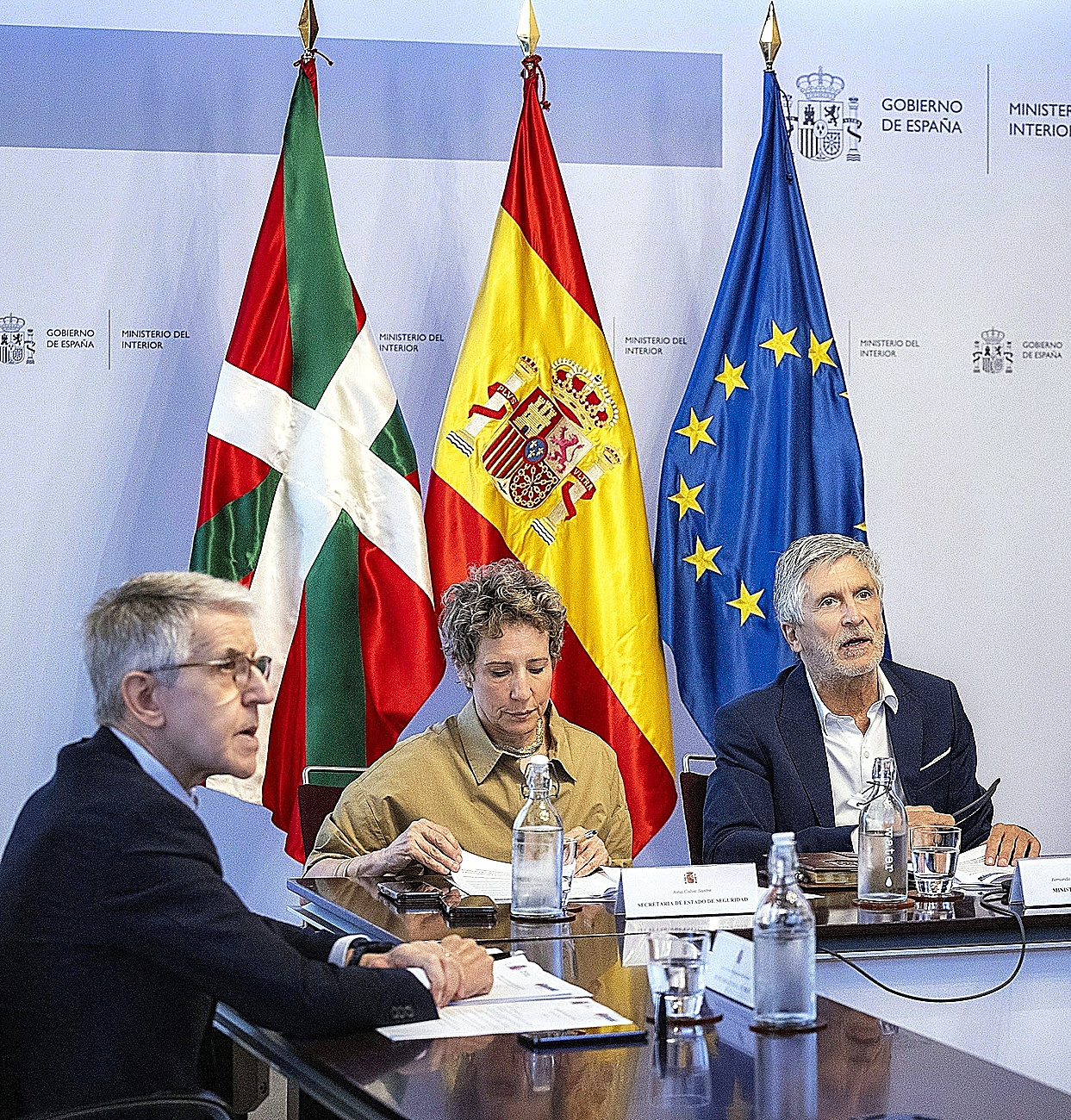 El ministro del Interior, Fernando Grande-Marlaska, ayer durante la videoconferencia con Bingen Zupiria.