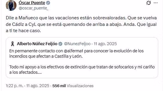 Tuit publicadoi por Óscar Puente el pasado 11 de agosto, durante la oleada de incendios forestales.