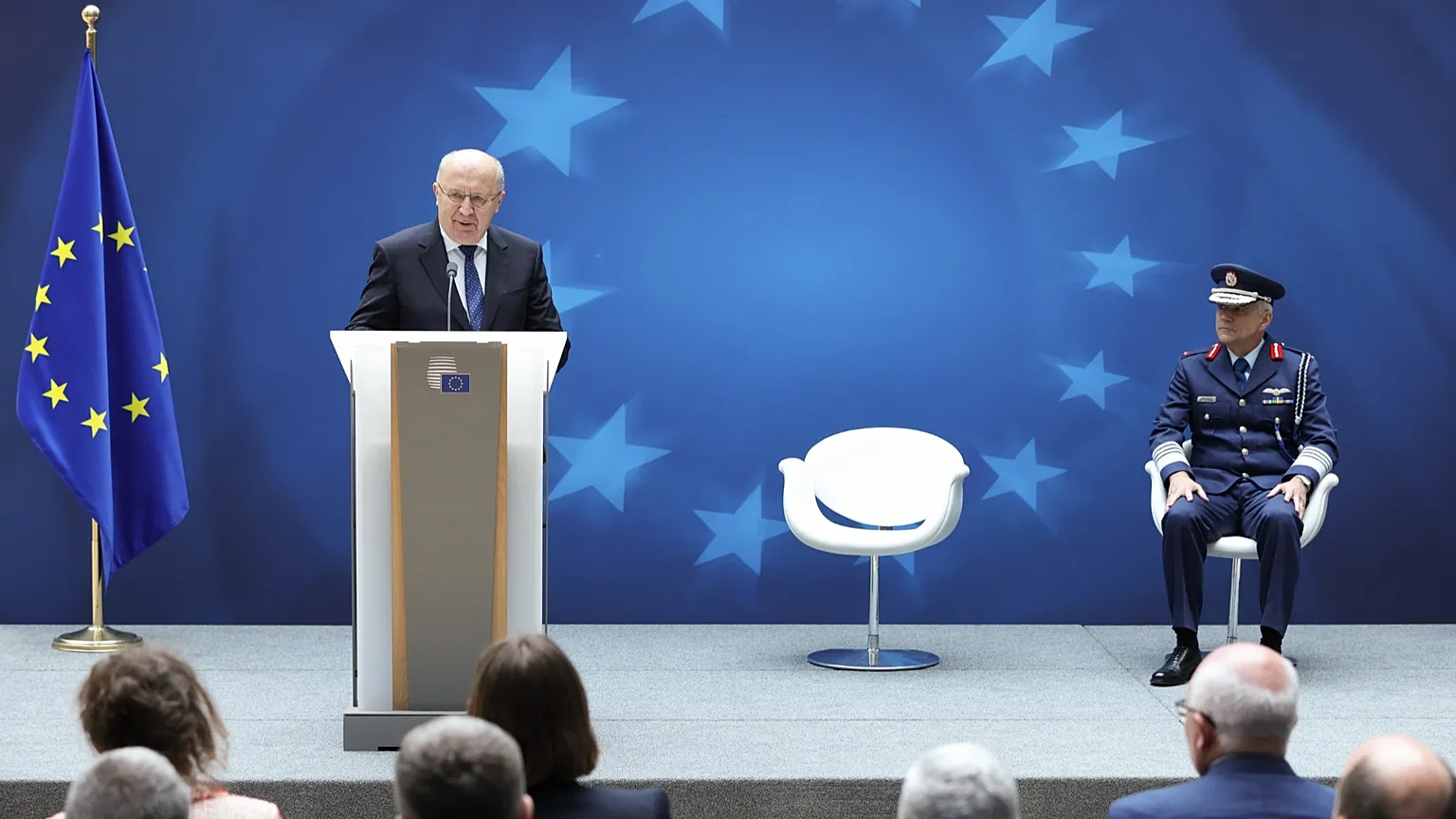 European Commissioner for Defence and Space Andrius Kubilius and Chairman of the European Union Military Committee Seán Clancy in Brussels in May 2026.
