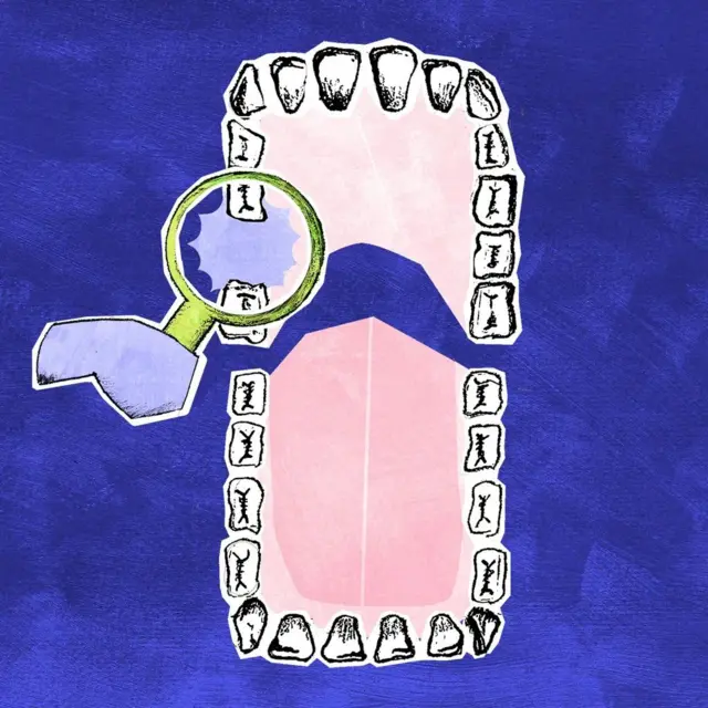 Ilustración de una dentaura con una lupa