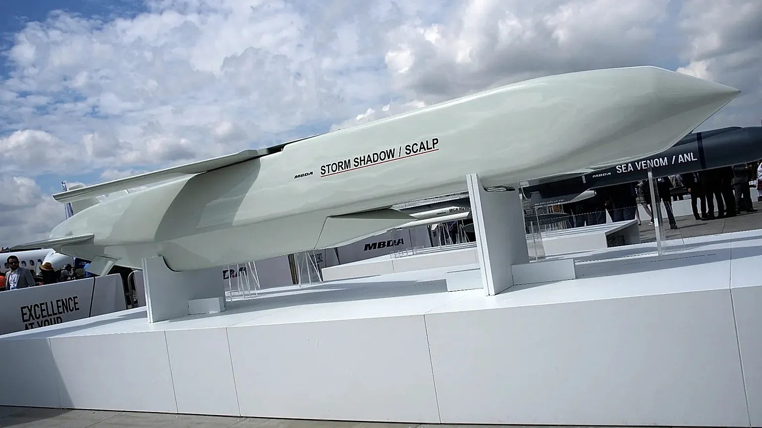 FILE - The Storm Shadow cruise missile is on display during the Paris Air Show in Le Bourget, north of Paris, France, Monday, June 19, 2023