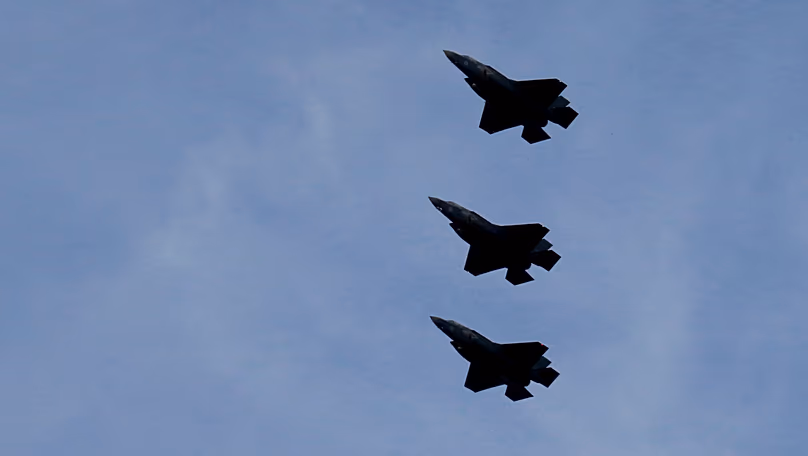 F-35B aircrafts fly over the Akrotiri Royal air forces base before landing near city of Limassol, 21 May, 2019