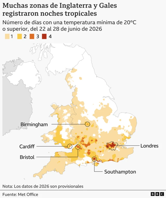 Mapa de Reino Unido que muestra las ciudades donde se han registrado noches tropicales con más frecuencia en 2026.