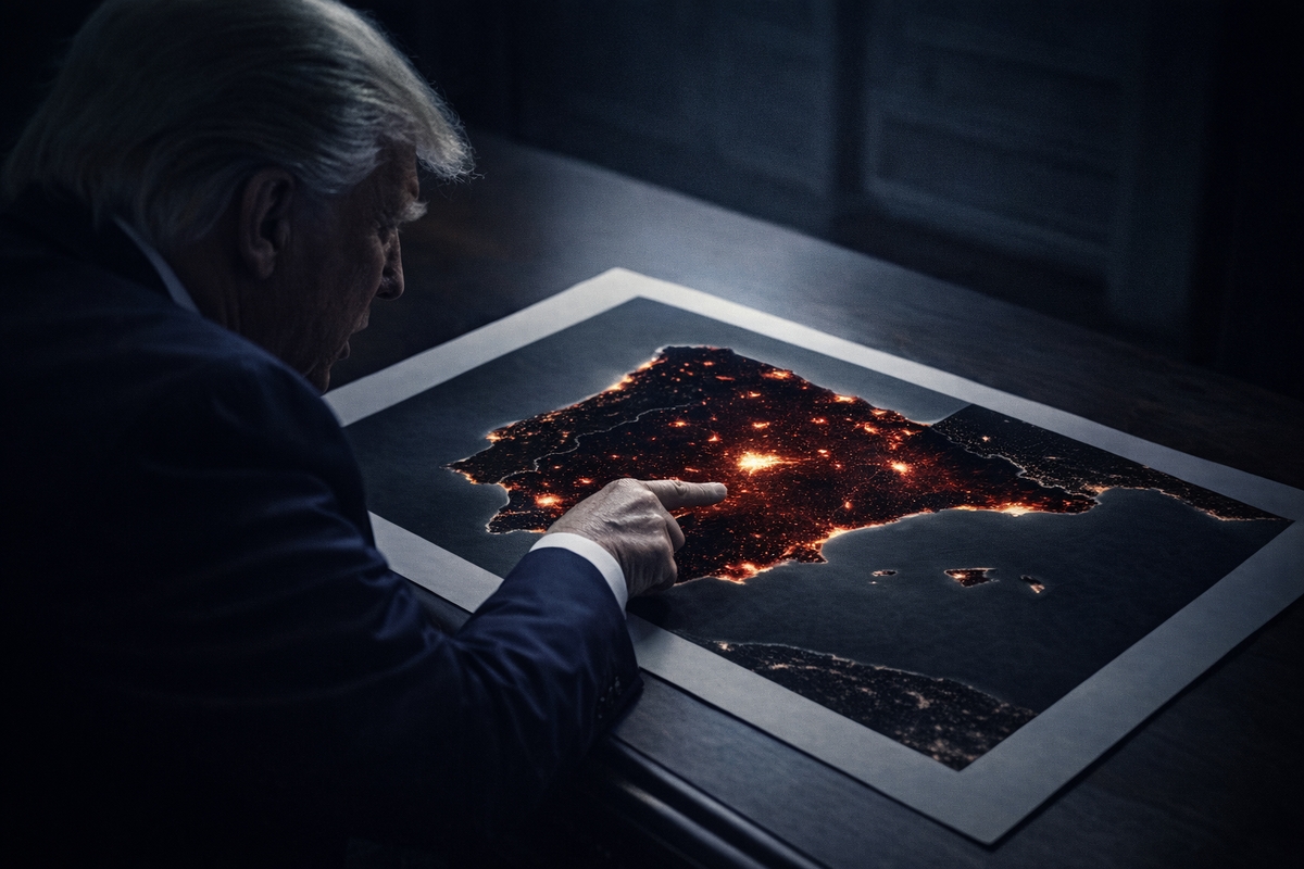 Silueta de Donald Trump de traje oscuro señalando con el dedo índice un mapa detallado de España iluminado sobre un escritorio de madera.
