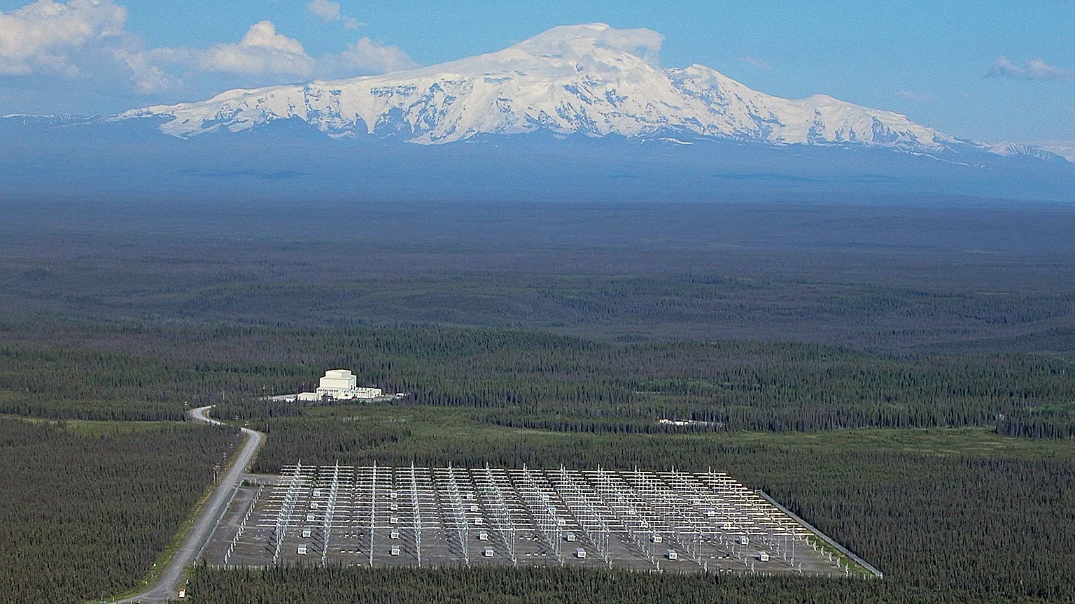 The High Frequency Active Auroral Research Program site, Gakona, Alaska, is pictured with Mount Wrangell in the background. U.S. Air Force photograph