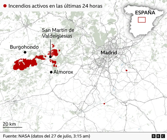 Mapa donde se ven las localidades en las que se extienden los incendios en Madrid y Ávila.