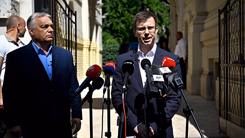 Former Hungarian Prime Minister and Chairman of the Fidesz party Viktor Orban, left, and new faction leader of the party Janos Boka, July 22, 2026. (Robert Hegedus/MTI via AP)