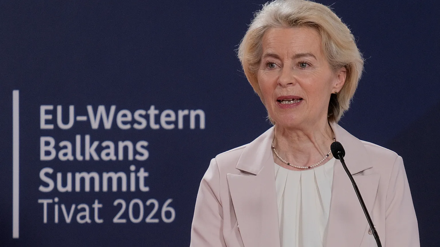 European Commission President Ursula von der Leyen talks to the media after the EU-Western Balkans summit in the Montenegrin coastal town of Tivat, Friday, June 5, 2026. 