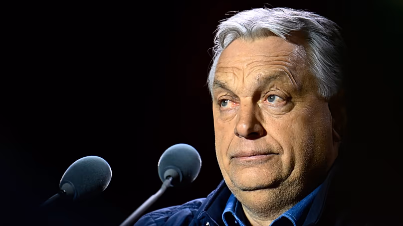 Hungary's Prime Minister Viktor Orban attends the electoral campaign closing rally of the governing Fidesz in Budapest, Hungary, April 11, 2026. (AP Photo/Denes Erdos)
