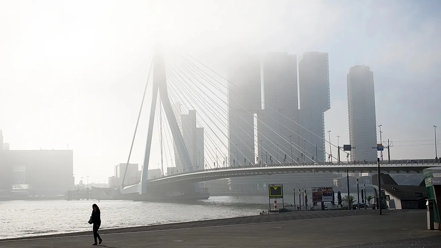 A pedestrian passes Erasmus bridge on a misty morning in the center of Rotterdam, Netherlands, Friday, Sept. 12, 2014.