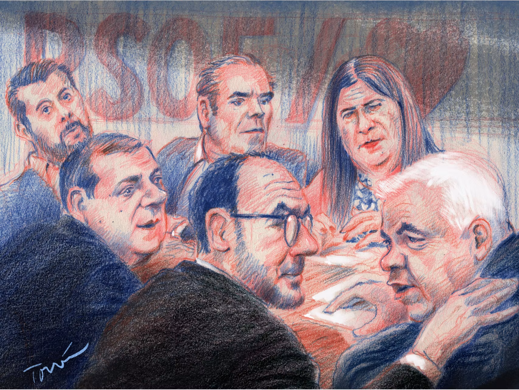 Ion Antolín, Juanma Serrano, Pérez Dolset, Rafa Hernando, Leire Díez y Cerdán, en la reunión celebrada en Ferraz.