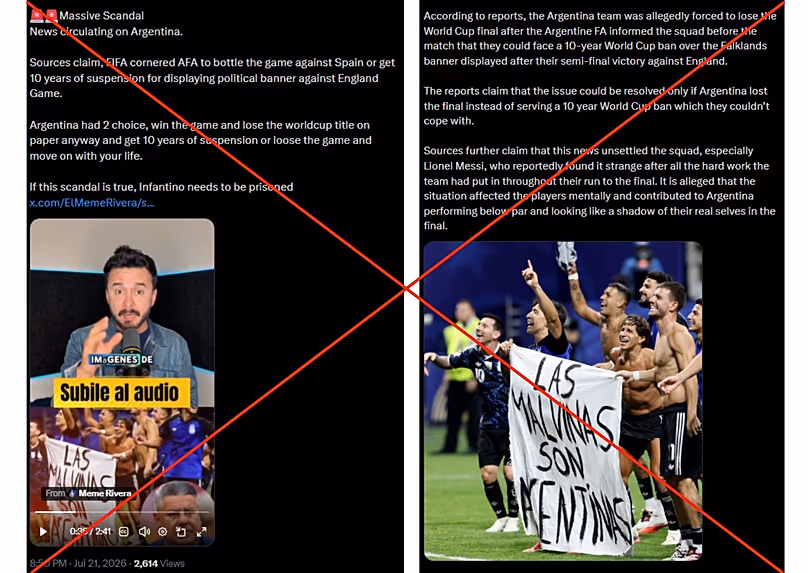 The posts suggest that Argentina was forced to lose the final over its controversial Falklands banner