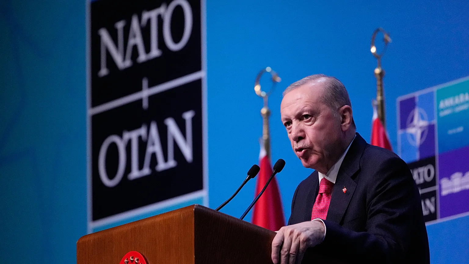 Turkish President Recep Tayyip Erdogan speaks during a media conference at the NATO summit in Ankara, Turkey, Wednesday, July 8, 2026.