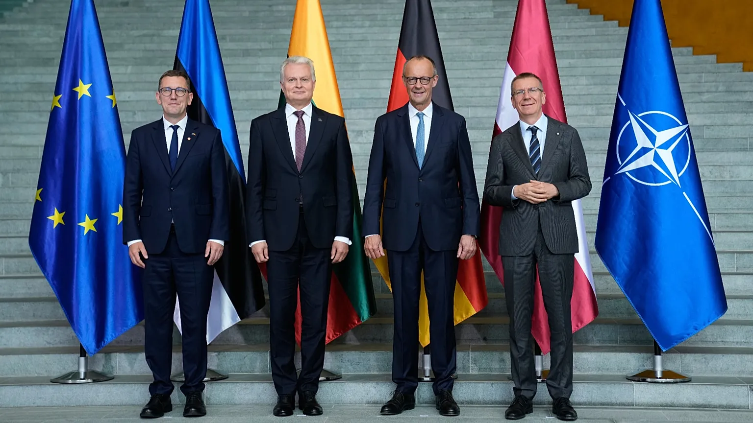 Estonian Prime Minister Michal, Lithuanian President Nausėda, German Chancellor Merz and Latvian President Rinkēvičs, 3 July 2026, Berlin.