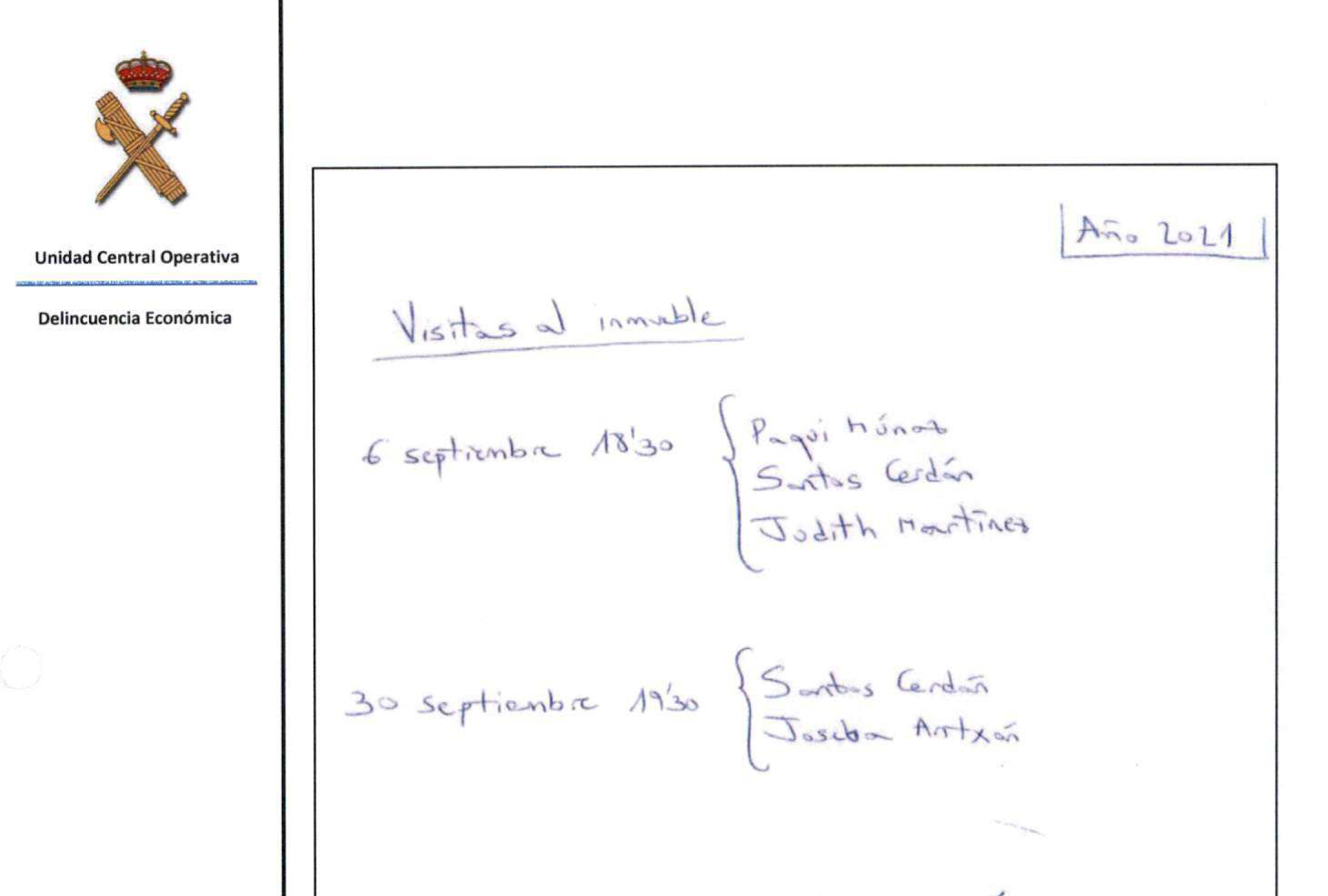 La anotación de la vendedora del piso que evidencia las visitas de Santos Cerdán y su mujer, Paqui Muñoz, para la adquisición.