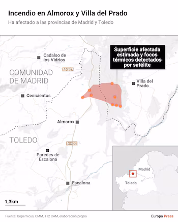 Mapa con extensión del incendio entre Almorox y Villa del Prado. (Europa Press)