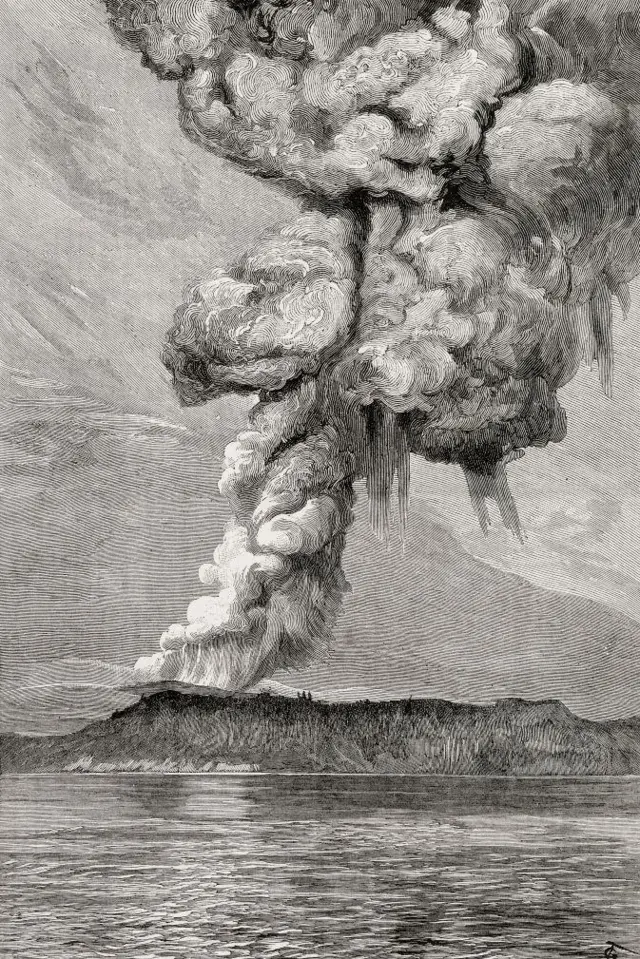 Ilustración en blanco y negro que muestra una erupción volcánica, con una imponente columna de ceniza sobre una isla rodeada de agua.