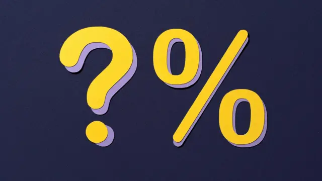 ? % en amarillo con sombra lila sobre fondo azul oscuro